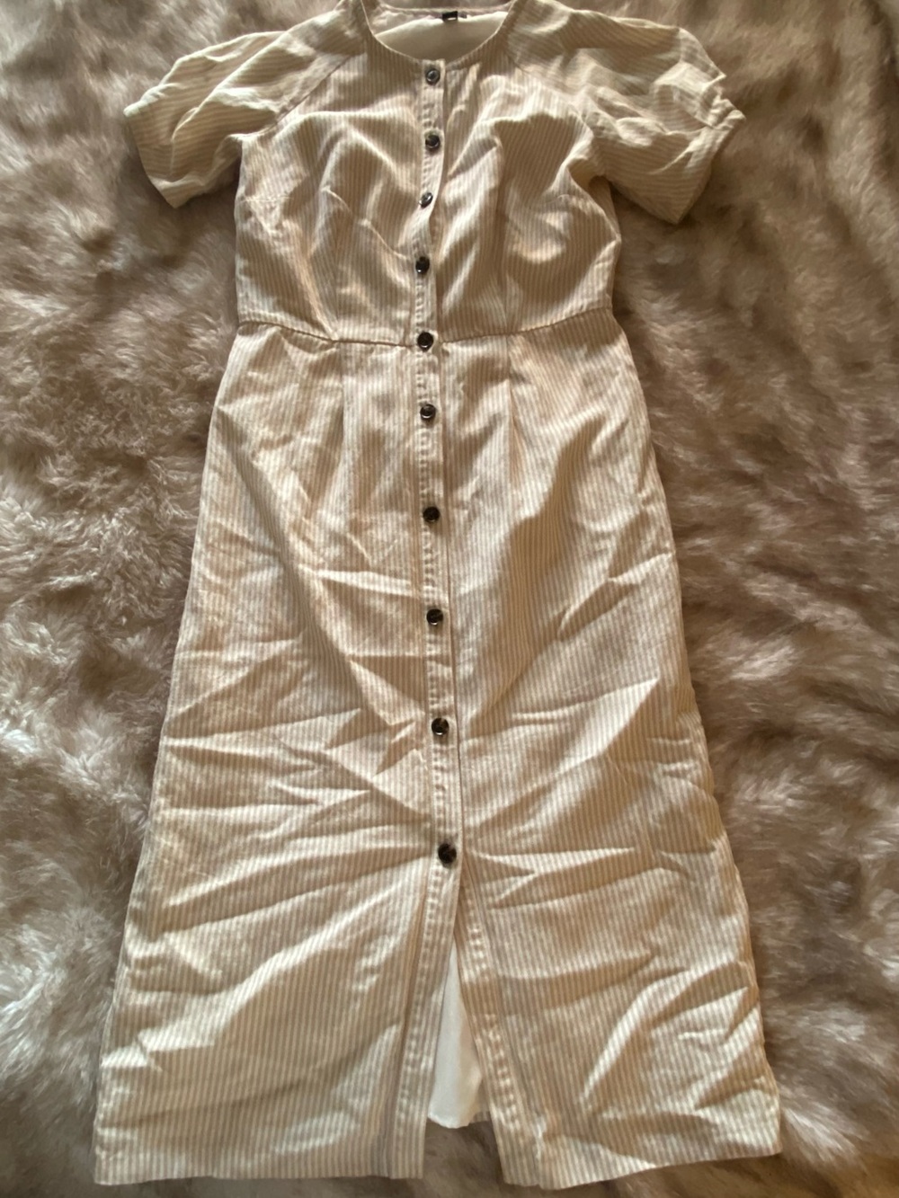 Ann Taylor Cream Striped Button-Front Midi Dress